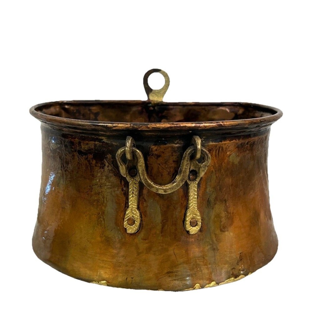 Antique Arts & Crafts Copper & Brass Planter Hand Forged Handles Made in Turkey